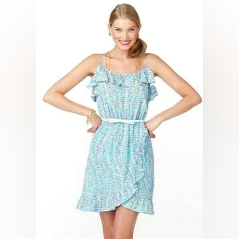 Lilly Pulitzer Kalen Multi Clam Jam Flounce Ruffle‎ Faux Wrap Dress Sz M EUC